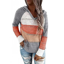 Womens Striped Color Block Hoodies Fashion V Neck Knit Sweater Pullovers