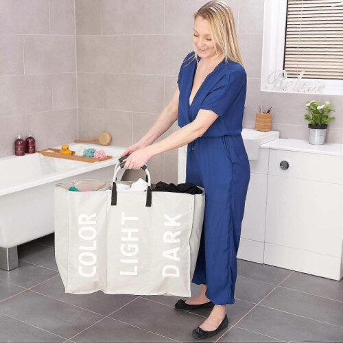 3 Sections Laundry Hamper Collapsible Bag Foldable Cloth Basket Portable Storage Bin 1