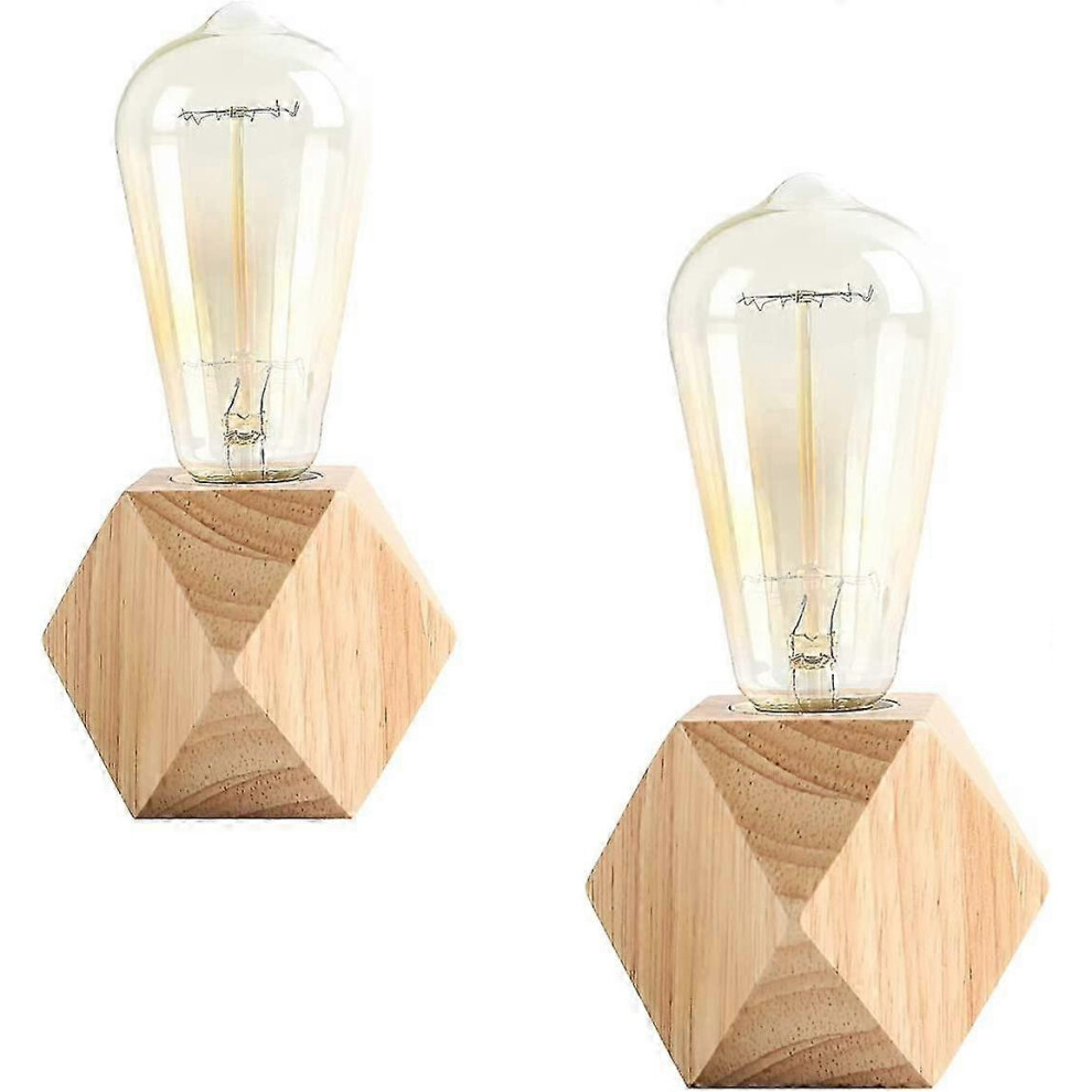 Set of 2 Small Table and Bedside Lamps with Diamond Wood Base Beside Lamp, E27 60W, Perfect for Bedroom (No Bulb)