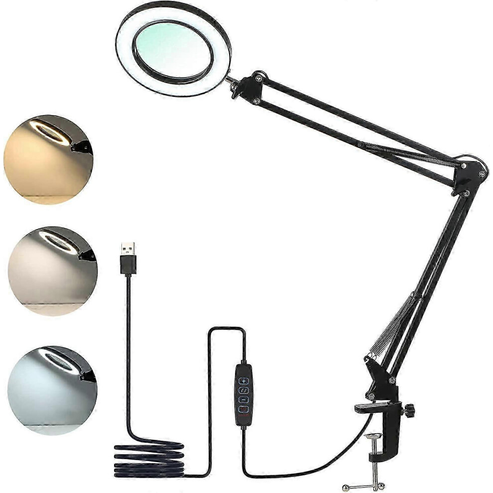 LED Magnifying Lamp with Clamp, 3-Color Desk Lamp with 10-Level Adjustable Brightness, 5x