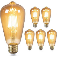 E27 Vintage Light Bulbs, 2700K Warm White Amber Glass, Non-Dimmable, E27 Filament LED Bulbs, Vintage Light Bulbs for Restaurants and Cafes, Pack of 6