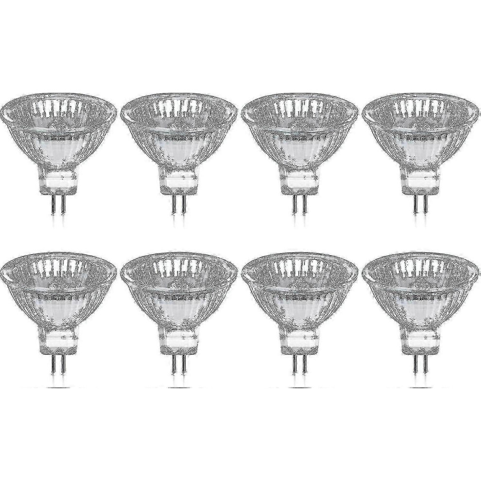 Pack Of 8 Gu5.3 Mr16 35W 12V Dimmable Halogen Bulbs - Warm 2800K, 400 Lumens, Glass Cover Fi White