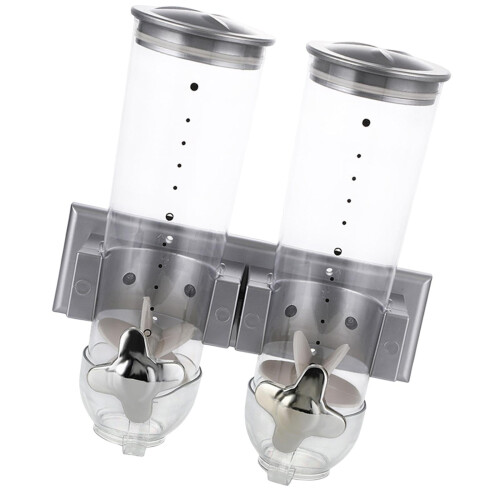 Double Cereal Dispenser With Cup Kitchen Organizer Wall Mount Canister Silver