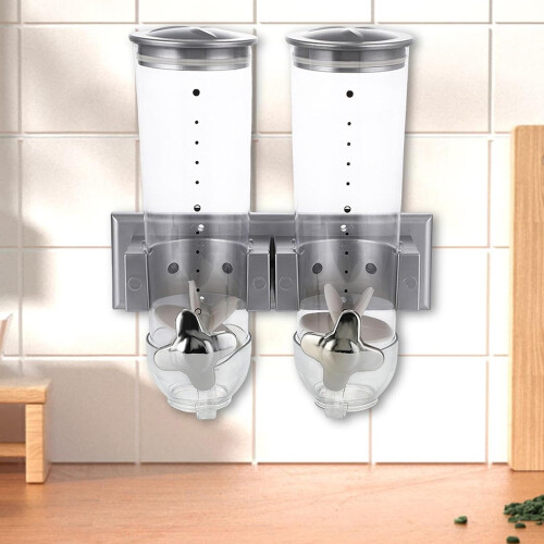 Double Cereal Dispenser With Cup Kitchen Organizer Wall Mount Canister Silver 2