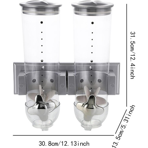 Double Cereal Dispenser With Cup Kitchen Organizer Wall Mount Canister Silver 1
