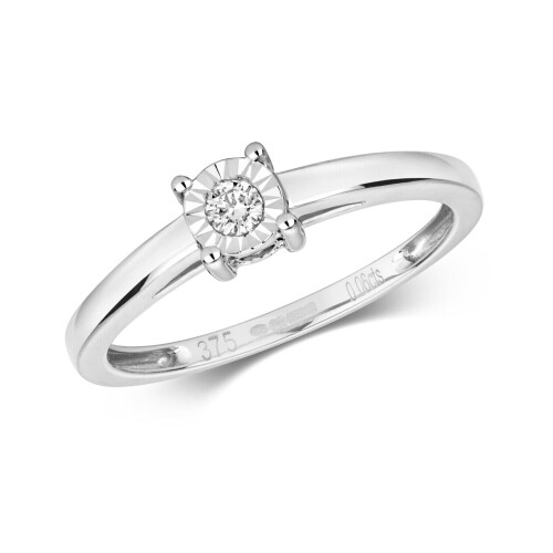 (N) 9ct White Gold Diamond Solitaire Ring Illusion Set Engagement Size J-Q 1