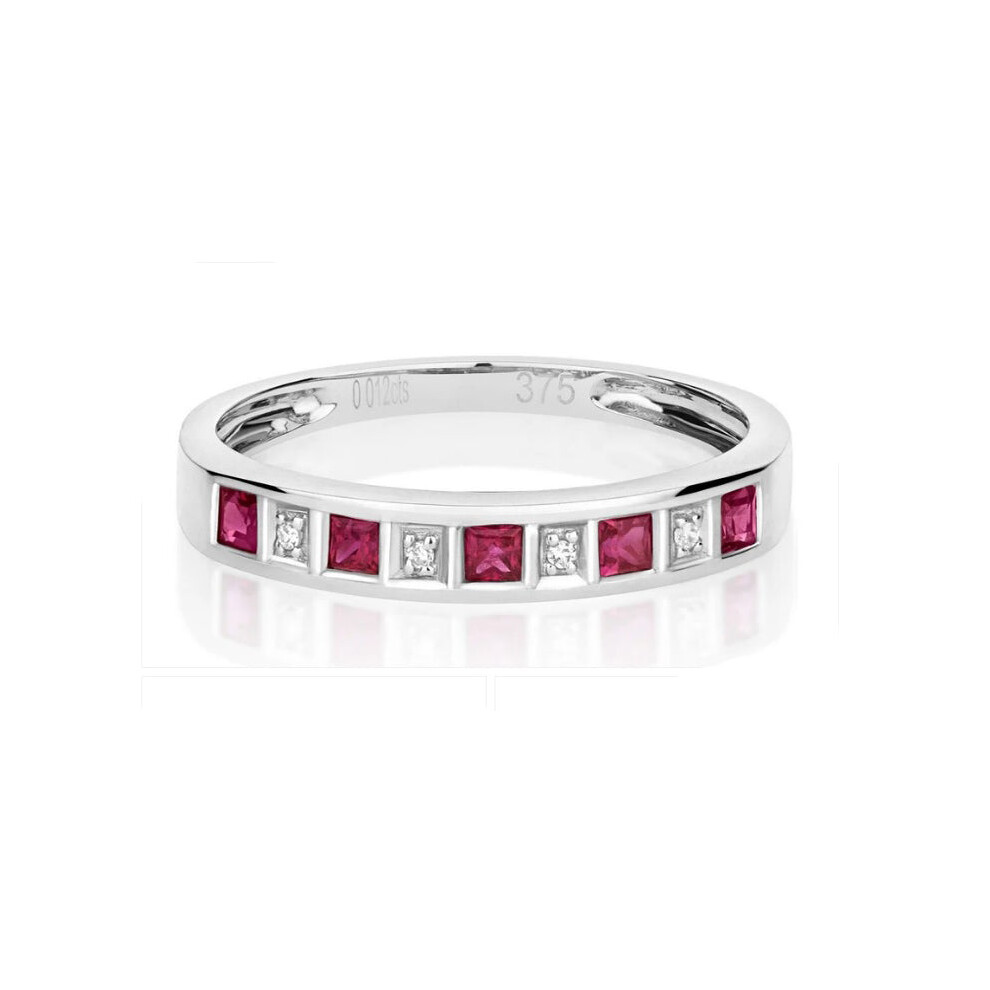 (J) Real Ruby and Diamond Eternity Ring Solid White Gold Square Anniversary Band-image-OPC-PKMB888-NEW