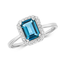 (Q) 9ct White Gold London Blue Topaz and Diamond Ring Emerald Cut Cluster Size J - Q