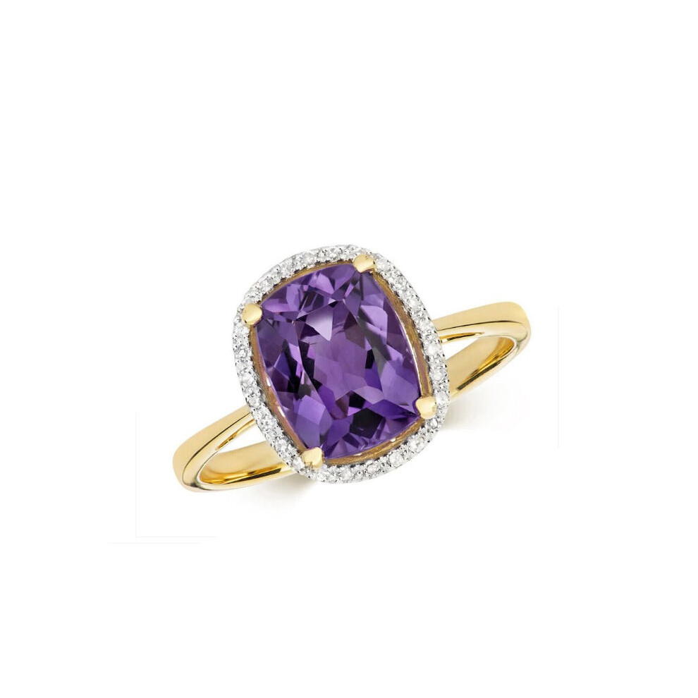 (P) Real Amethyst and Diamond Ring Solid Yellow Gold 9 x 7mm Cushion Size J - Q-image-OPC-PKMB8D6-NEW