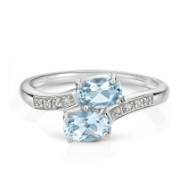 (J) Real Aquamarine and Diamond Crossover Ring 9ct White Gold Size J - Q
