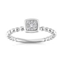 (O) 9ct White Gold 0.10ct Real Diamond Beaded Shank Square Top Ring