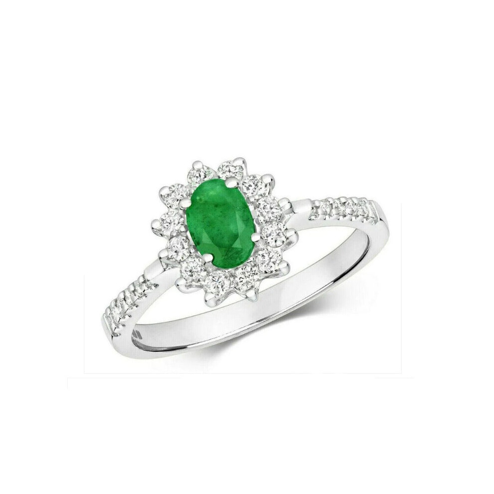 (K) Real Emerald and Diamond Ring 9ct White Gold Oval Cluster Engagement-image-OPC-PKMB8WP-NEW