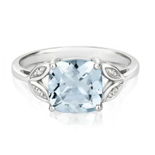 (J) Real Aquamarine and Diamond Ring Solid White Gold Cushion Gem Size JKLMNOPQ