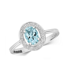 (N) Real Aquamarine and Diamond Ring Solid White Gold Oval Halo Cluster Size J-Q