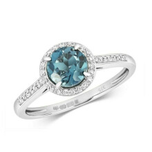 (O) Real London Blue Topaz and Diamond Ring Solid White Gold Halo Cluster Size J-Q