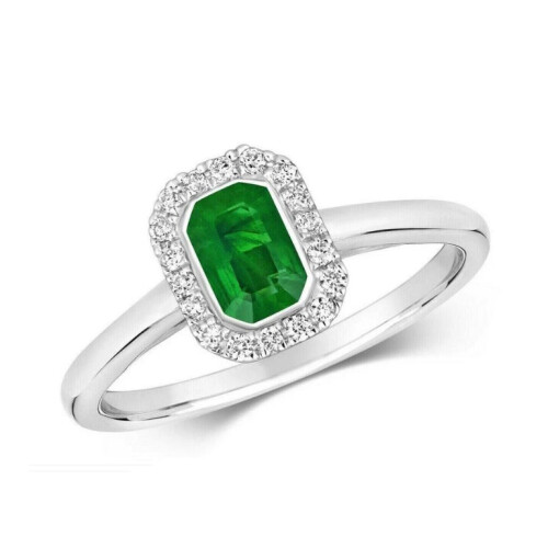 (O) Real Emerald and Diamond Ring 9ct White Gold Octagon Cluster Engagement 1
