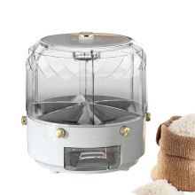 Rotating Rice Bucket Countertop Grain Dispenser Bin Multi-Grid Dry Food Storage Gray Gold-Plated Model Smooth Design