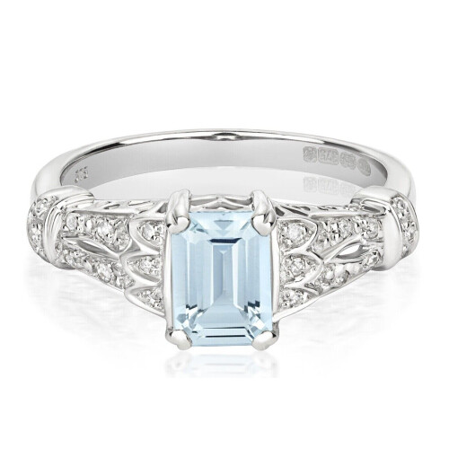 (L) Real Aquamarine and Diamond Ring Solid White Gold Solitaire Size JKLMNOPQ 2