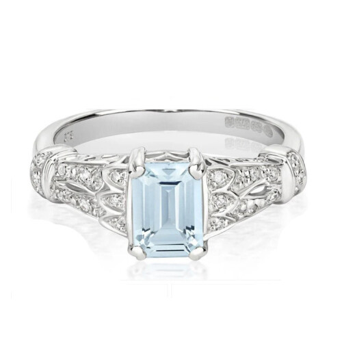 (L) Real Aquamarine and Diamond Ring Solid White Gold Solitaire Size JKLMNOPQ