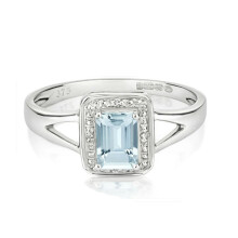 (M) Real Aquamarine and Diamond Ring Solid White Gold Emerald Cut Cluster Size J-Q