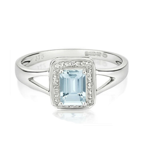 (M) Real Aquamarine and Diamond Ring Solid White Gold Emerald Cut Cluster Size J-Q 1