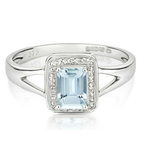 (M) Real Aquamarine and Diamond Ring Solid White Gold Emerald Cut Cluster Size J-Q 2