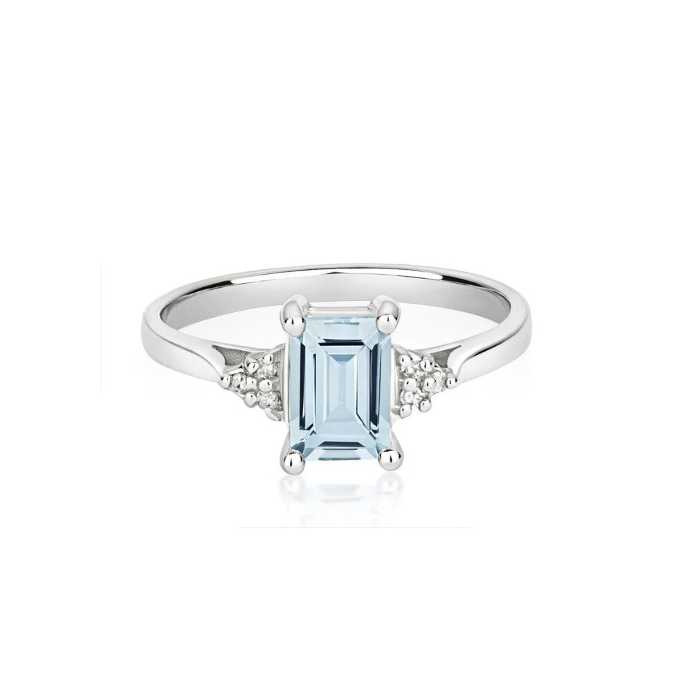(Q) Real Aquamarine and Diamond Ring Solid White Gold Emerald Cut Solitaire-image-OPC-PKMBN78-NEW
