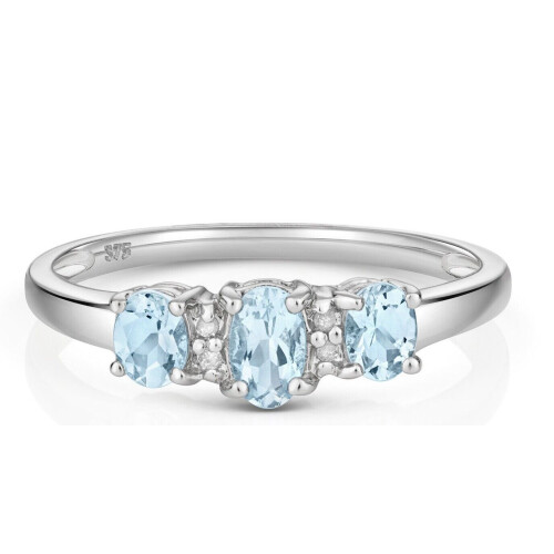 (N) Real Aquamarine and Diamond Ring Solid 9ct White Gold Size J - Q 2