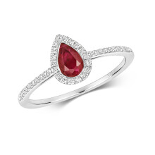 (K) Real Ruby and Diamond Pear Ring 9ct White Gold Teardrop Cluster Size J - Q