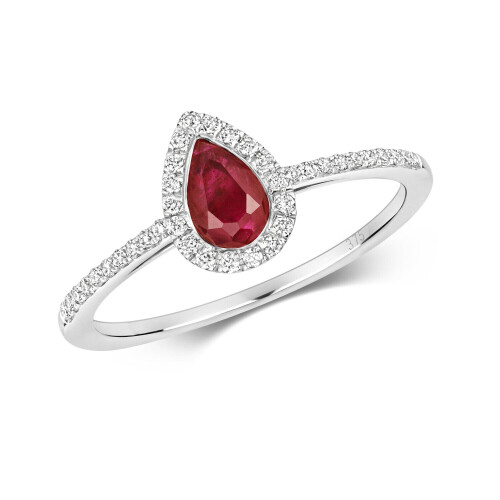 (K) Real Ruby and Diamond Pear Ring 9ct White Gold Teardrop Cluster Size J - Q