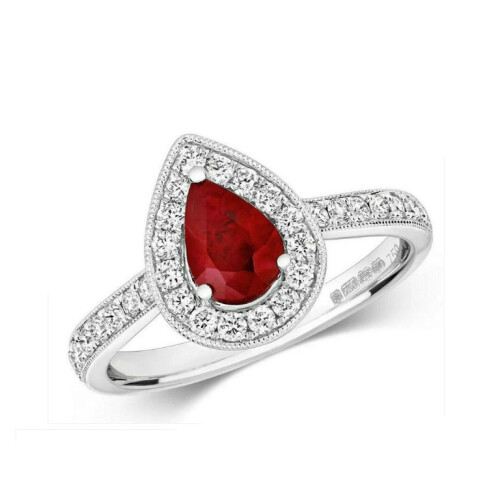 (K) Real Ruby and Diamond Ring 18ct White Gold Pear Cluster Teardrop 1