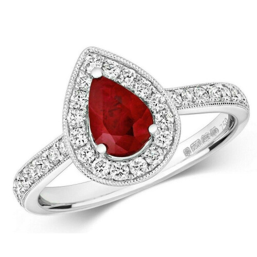 (K) Real Ruby and Diamond Ring 18ct White Gold Pear Cluster Teardrop 2