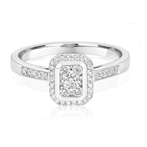 (L) Real Diamond Ring 9ct White Gold Rectangular Halo Cluster Engagement 0.33ctw 1