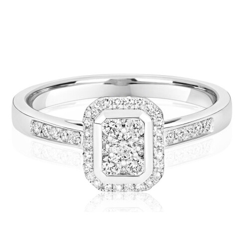(L) Real Diamond Ring 9ct White Gold Rectangular Halo Cluster Engagement 0.33ctw 2