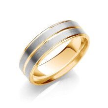 (Q 1/2) 7mm Flat Wedding Band Two Colour Track Edges & Centre 9ct Yellow and White Gold