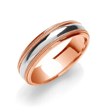 (W) 6mm Court Wedding Band Mill Grain Edges 2 Colour 9ct Rose Gold White Gold Centre
