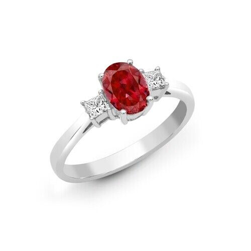 (M) Real Ruby and Diamond Ring 18ct White Gold Three Stone Trilogy 1.24 Carat Weight
