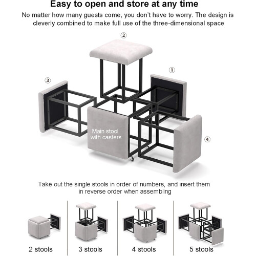 5-in-1 PU Leather Storage Cube With Swivel Casters, Stackable Nesting Stool, Movable Sofa Chair, 14x14x15, Leather3 2