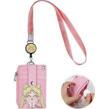 2pcs PU Lanyard Card Holder, Pink 5 Card Slots and 1 Zipper Pocket, Total Length 57cm, Badge Holder with Retractable Buckle, Cute Cartoon Style