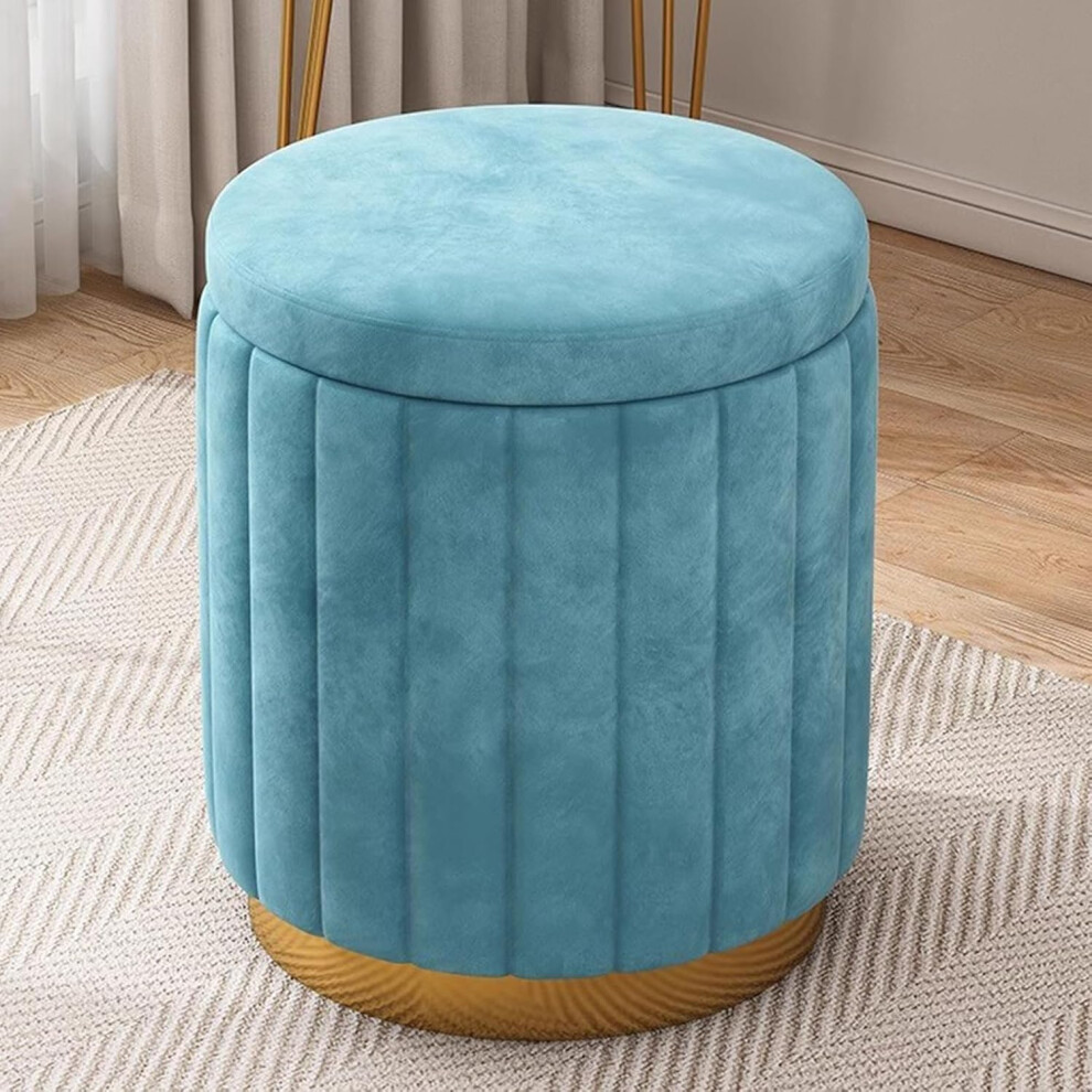 Round Velvet Storage Ottoman With Removable Lid, Modern Upholstered Footrest Vanity Stool, Gold Metal Base, Blue-image-OPC-PKMH6QT-NEW