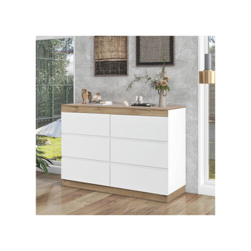 Commode - MUVOE - 6 Tiroirs - Blanc + Chêne - Panneaux de Particules E1 - Style Classique 2