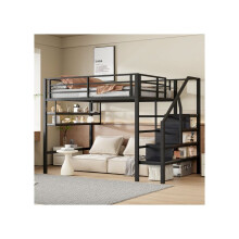 Verlichte mezzanine, 140*200cm, planken, opbergtrap, vrije ruimte onder het bed om in te richten, leuning, zonder matras, zwart