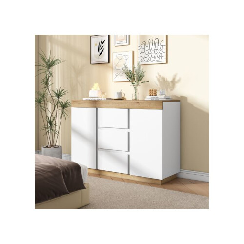 Commode - MUVOE - 3 Lades - 2 Deuren - E1 Spaanplaat - Wit + Eik 2