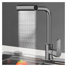 Stainless Steel Hot and Cold Water Mixing Faucet Grey 4-Mode Waterfall Sprayer Kitchen Sink Compatible
