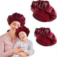 2 Pcs Satin Night Cap, Satin Bonnet Hair Night Parent-child Reusable Elastic Nighttime(wine Red)