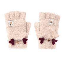 Girls Beige Plush Fingerless Gloves with Flip Top Cartoon Pattern for Winter
