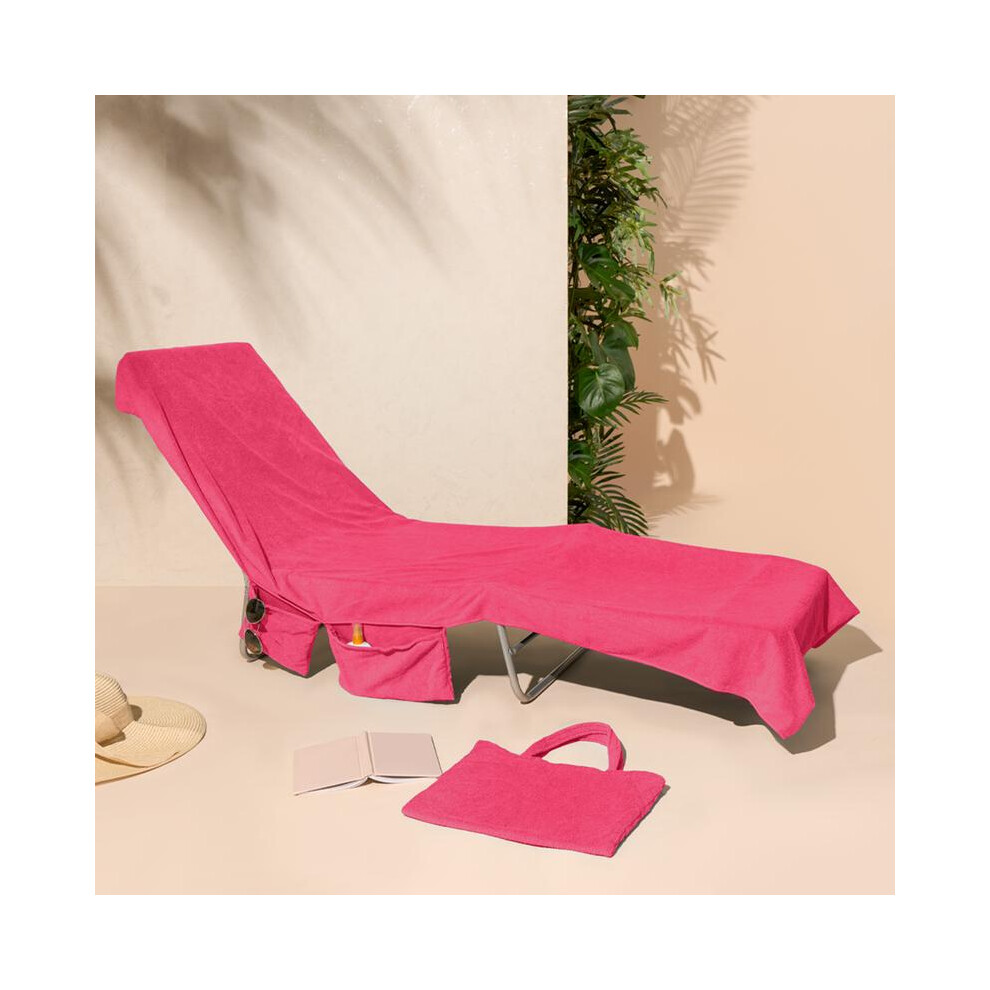 (Pink) OHS Sun Lounger Towel with Pockets Storage in a Bag, Large Sunbed Beach Towels Travel Lightweight Pool Spa Holiday Accessories Microfiber-image-OPC-PKMQY9Y-NEW