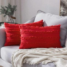 Set of 2 Decorative Boho Throw Pillow Covers Linen Striped Jacquard Pattern Cushion Covers for Sofa Couch Living Room Bedroom 12x20 Inch Red