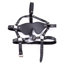 BDSM head harness with mouth gag and blindfold Leather Harness With Eye Mask Silicone Ball Gag Adjustable Straps