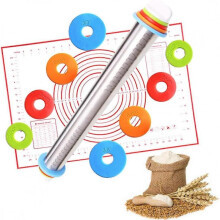 Non-Stick Rolling Pin,Stainless Steel Rolling Pin with Adjustable Discs and Measurement Marking Silicone Baking Mat